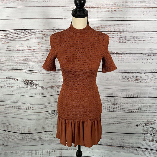 A.L.C Burnt Orange Aston Short Sleeve Smocked Mock Neck Mini Dress - Size S