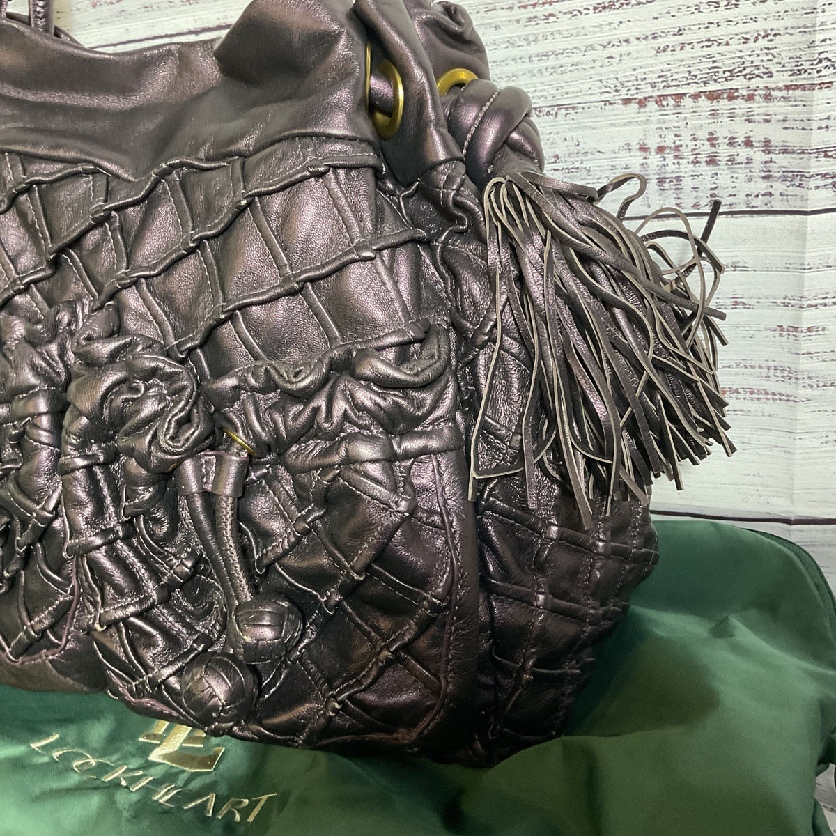 NEW LOCKHEART Women's Leather Plum Iridescent Quilt Design Fringe Shoulder Bag
