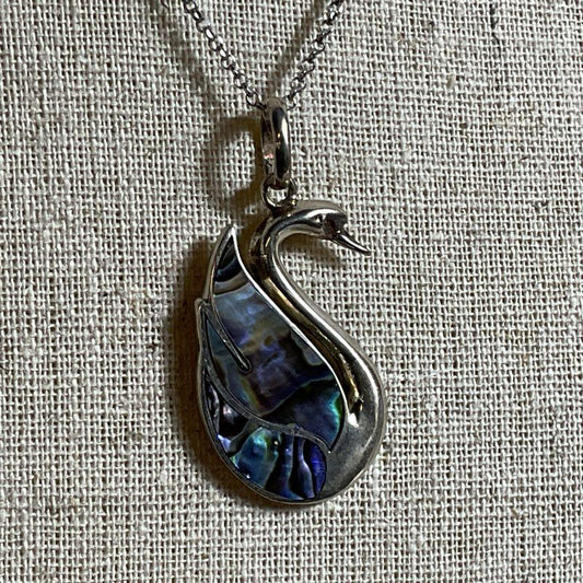 STARBORN Sterling Abalone Inlay 1.5" Swan Pendant 17" Chain Necklace- 7.04g