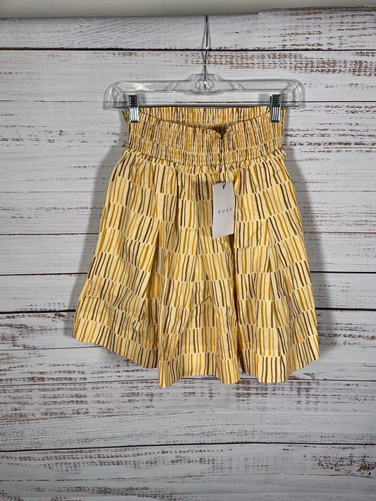 NWT Women's Buru Yellow Brown Smocked Mini Skirt Matchstick