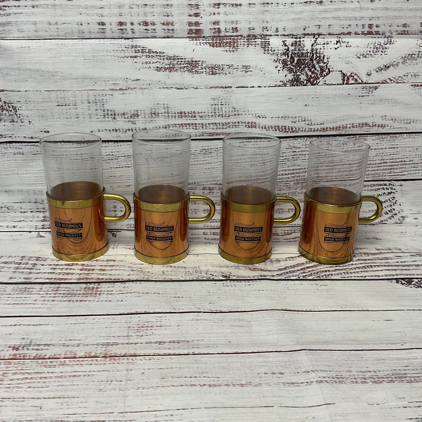 Beucler Old Bushmills Irish Whiskey Copper Brass Glass Cork Cups Lot of 4