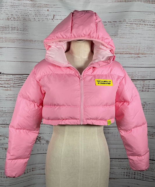 That's A Awful Lot of Cough Syrup Pink Cropped Zip-Up Puffer Jacket - Size Small