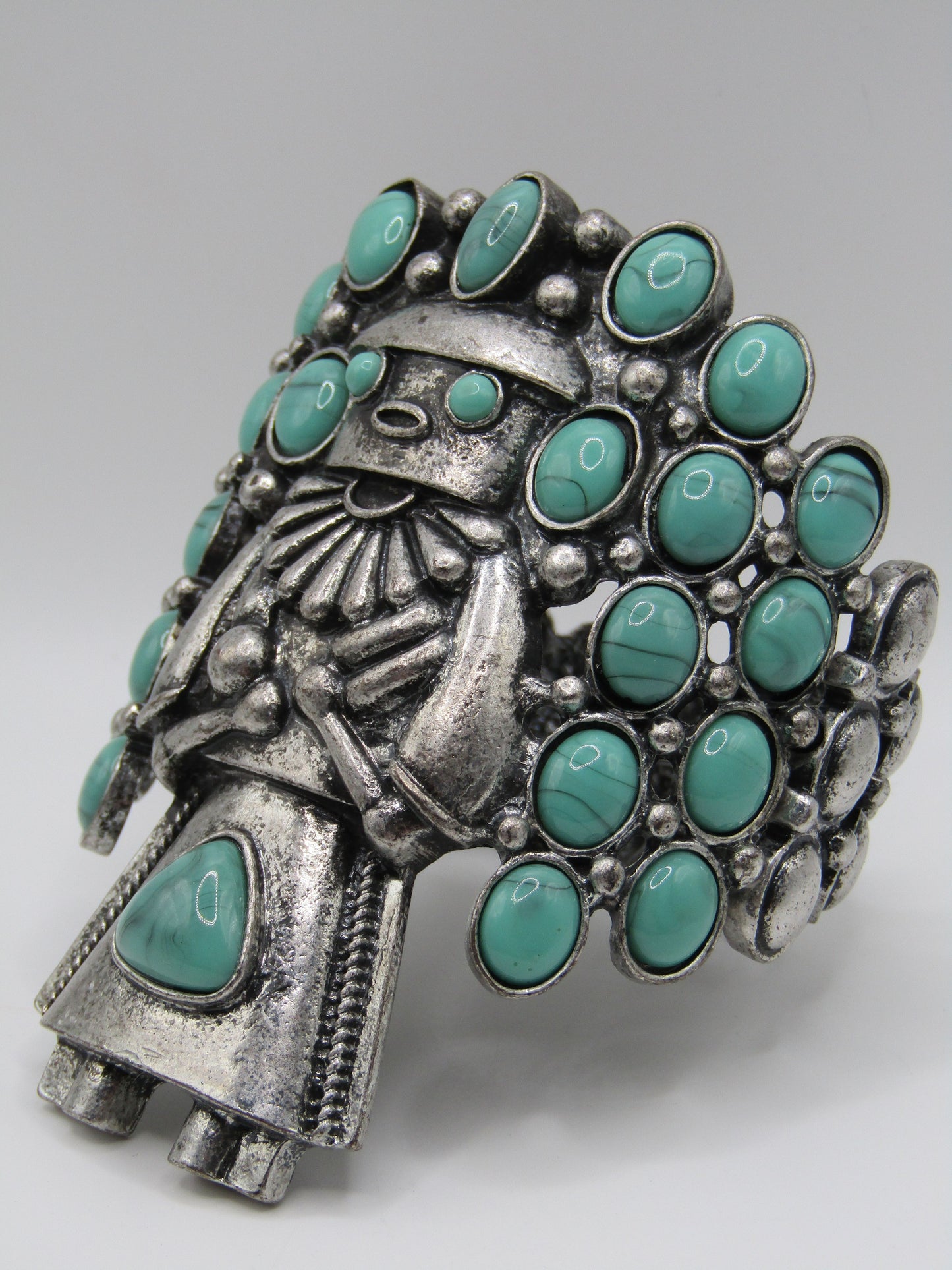Crown Nine Southwestern Kachina Deity Faux Turquoise Hinged Bangle Bracelet