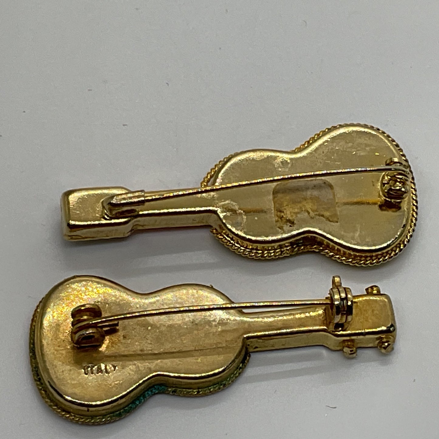 Set of 2 Italy Brass Mosaic 1.75" Guitar Brooches