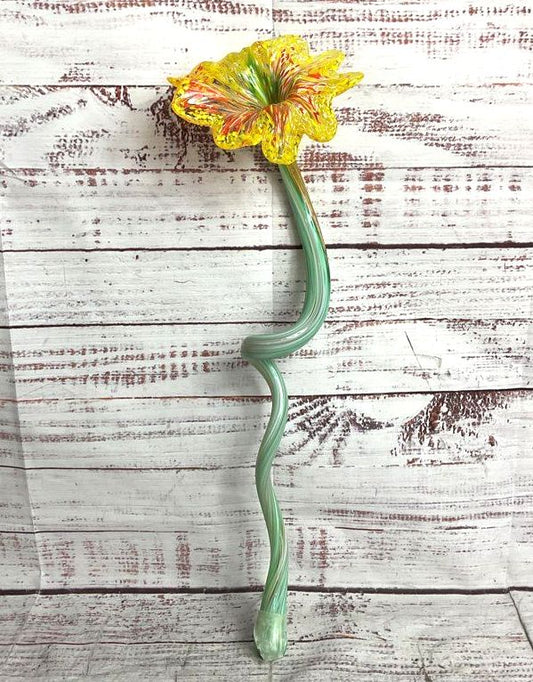 Modern Handblown Moreno Style 15" Art Glass Lily Flower Yellow