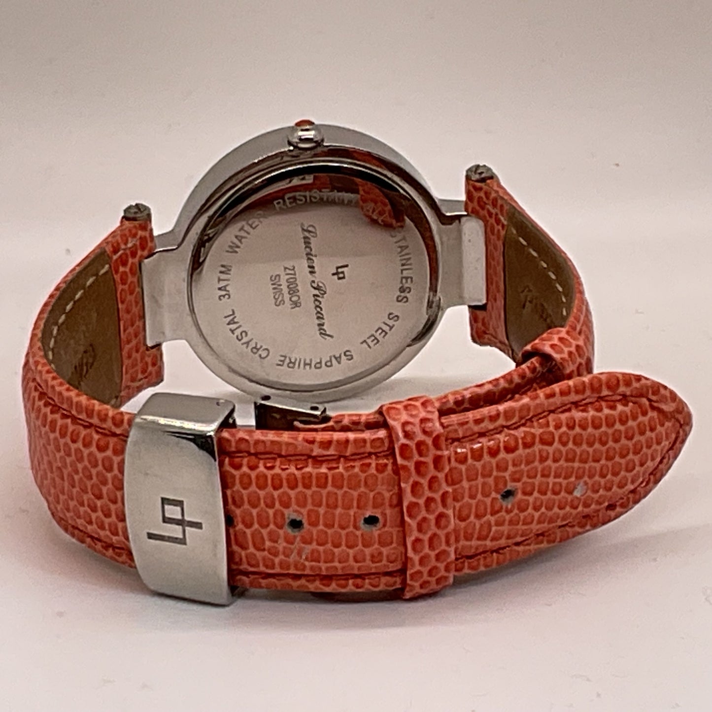 LUCIEN PICCARD Women's Stainless Steel Rhinestone Orange Leather Band Watch