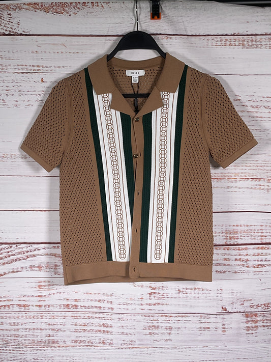 Reiss Camel/Green Jensen Cuban Collared Short Sleeve - Size 11-12Y