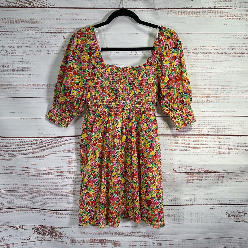 NWT Rixo Target Rainbow Floral Puff Sleeve Smocked Bodice Mini Dress - Size XXS