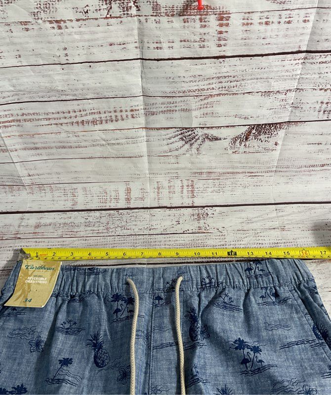 Caribbean Roundtree & Yorke Men's Reversible Drawstring Tropical Pattern Blue 34