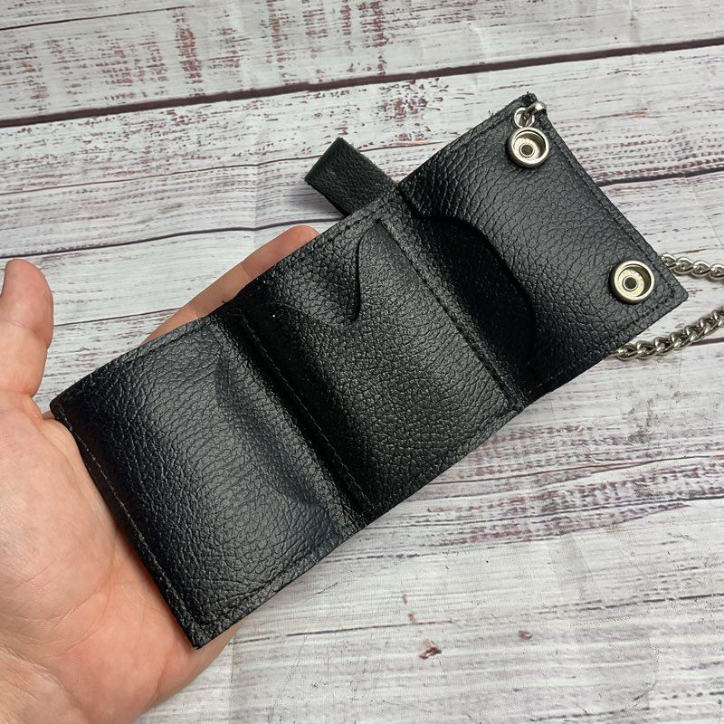 Harley Davidson Black Leather Tri-Fold Logo Patch Chain Wallet - Size 3.5"