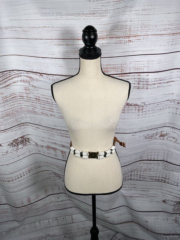 Vintage Saks Fifth Avenue White Beaded Square Buckle Leather Tie Belt