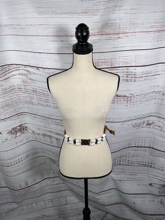 Vintage Saks Fifth Avenue White Beaded Square Buckle Leather Tie Belt