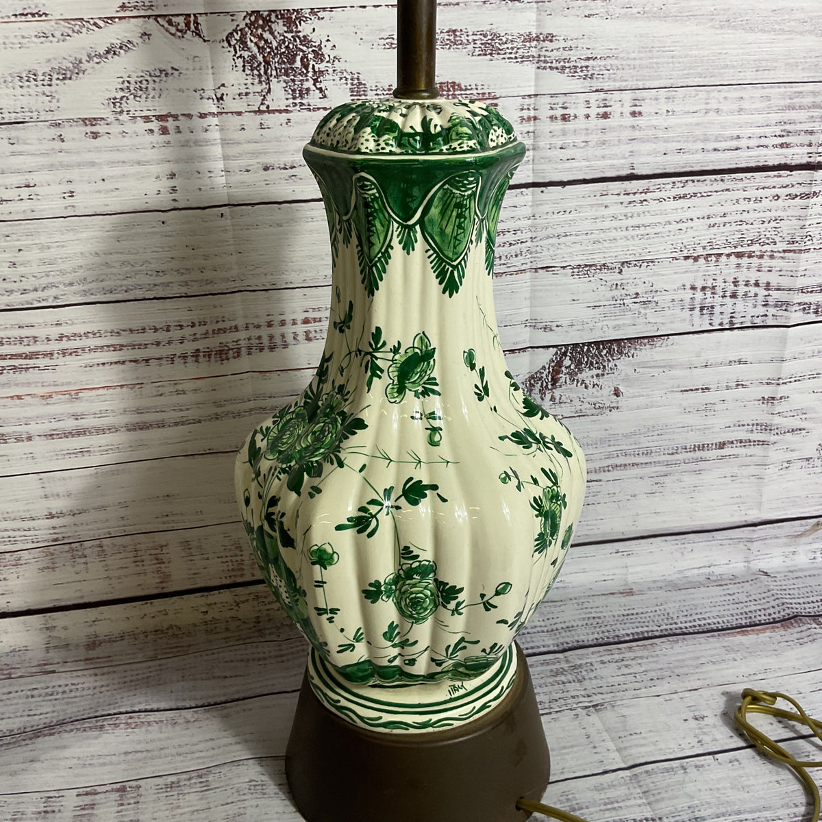 ANTIQUE DELFT???? Hand Painted Green Floral Porcelain and Brass Lamps- 28"