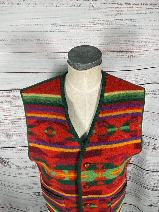 Vintage United Colors of Benetton Green & Multicolor Western Wool Vest - Size 50