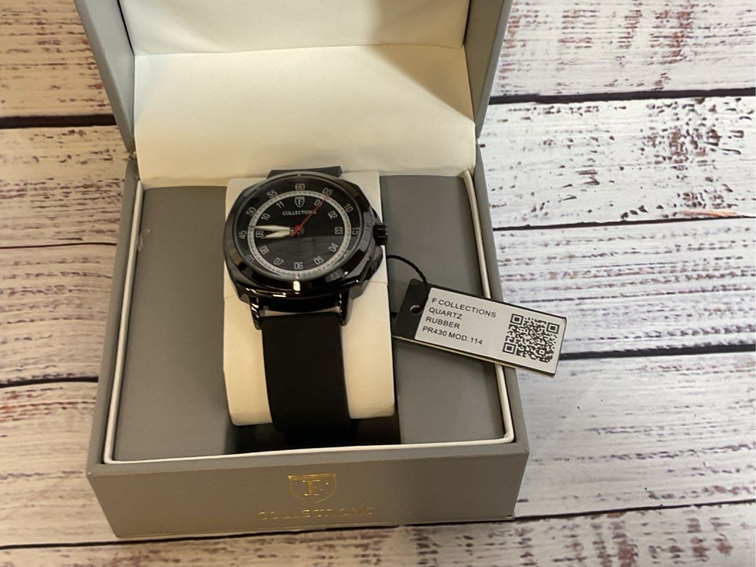 NWT F COLLECTIONS PR430 Men's Silver Tone Black Band Watch