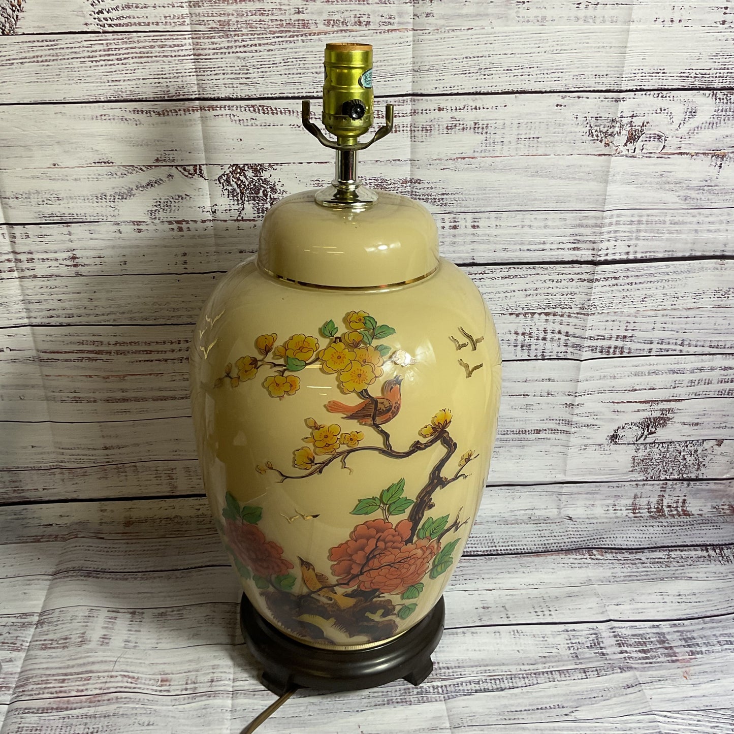 VTG. Asian Oriental Ginger Jar Floral & Birds Table Lamp - 20"