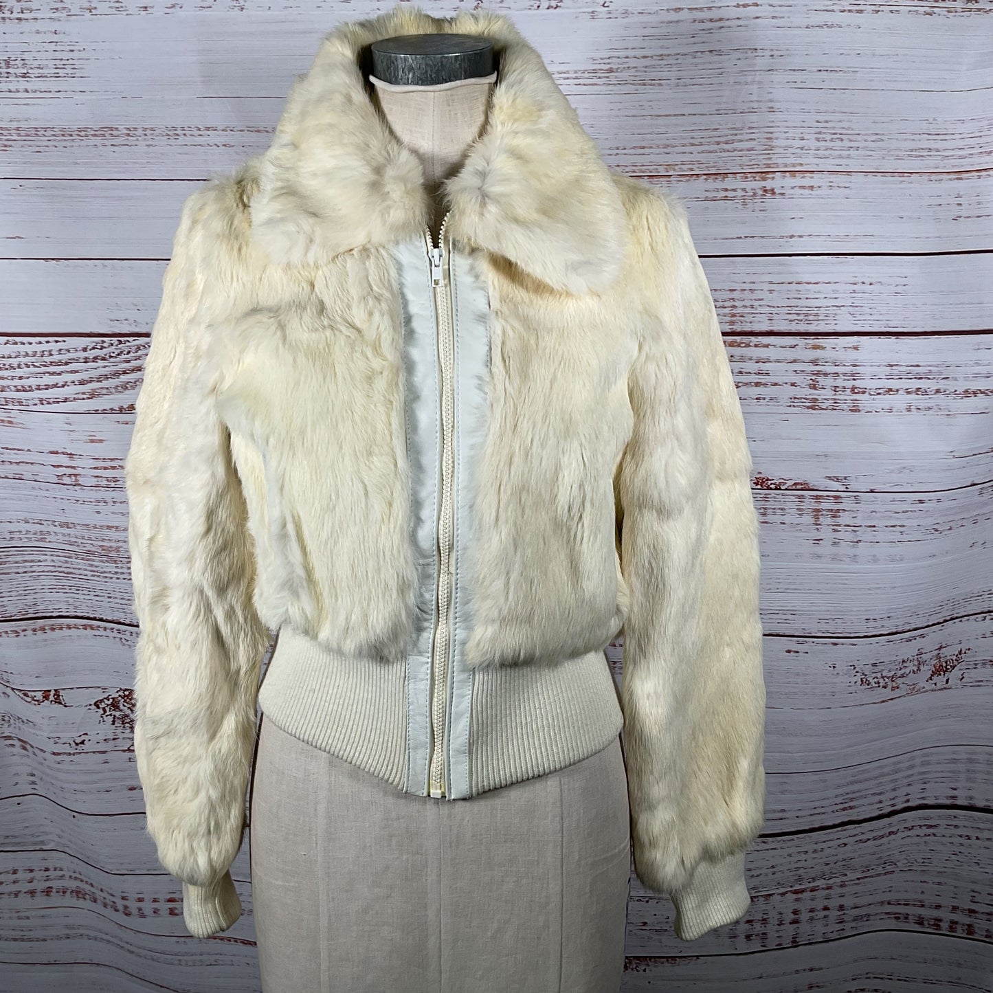 VTG. FINEST MONGOLIAN White Rabbit Fur Bomber Jacket- SZ L
