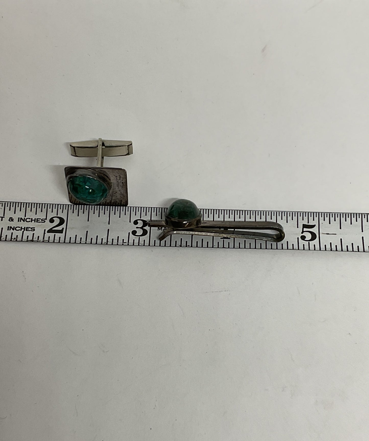 ISRAEL Sterling Silver Vintage Cufflinks & Tile Clip with Green Malachite