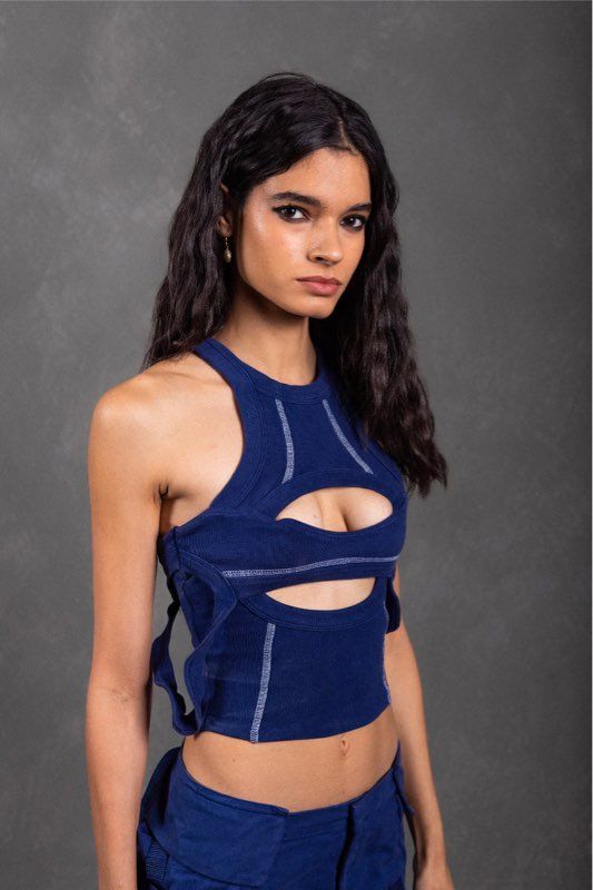 Astra Kidani Women's Ribbed Cutout Tank Top Blue Size M Made in USA