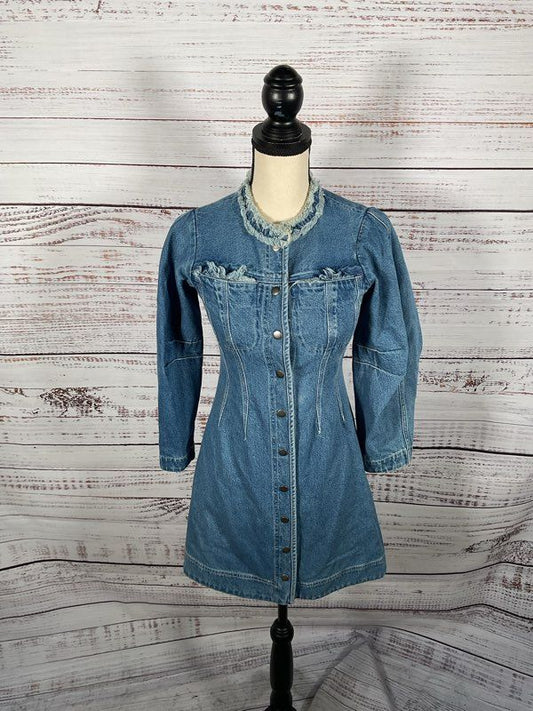 Women's SEA Denim Long Sleeve Dress Indigo Button Snap Size 00