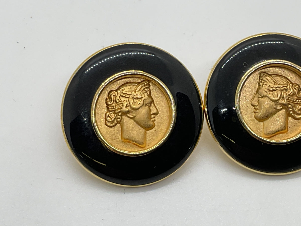 VTG. MONET Black Lucite Gold Tone Greek Roman Coin 1" Earrings