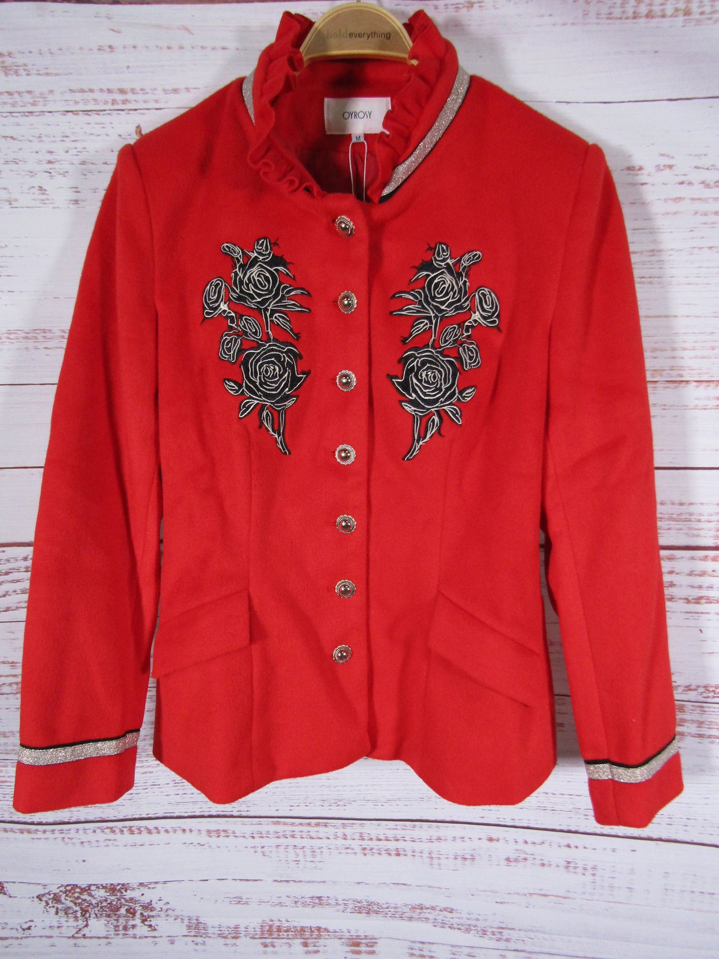 Oyrosy Women's Red Ruffled Stand-up Collar Rose Embroidered Jacket Size M