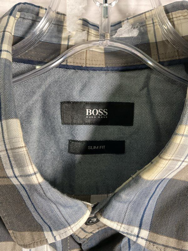 Hugo Boss Men's Long Sleeve Buttoned Plaid Shirt Blue & Grey Size L