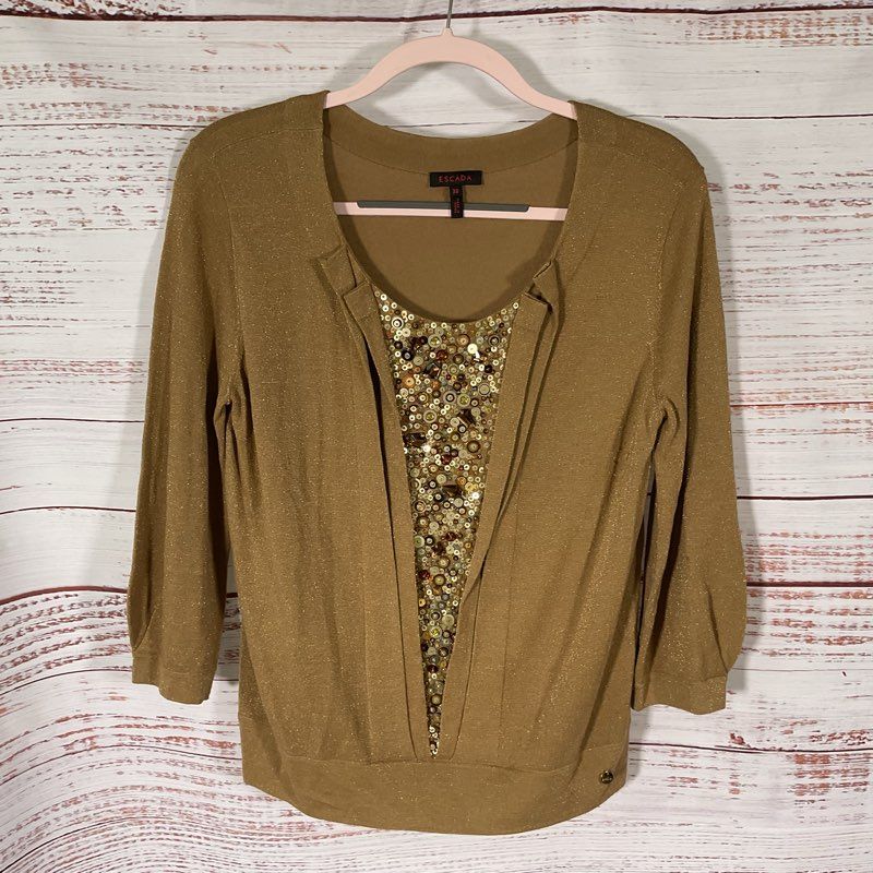 Escada Tan Bead & Sequin 3/4 Sleeve Cashmere Blend Sweater - Size 38
