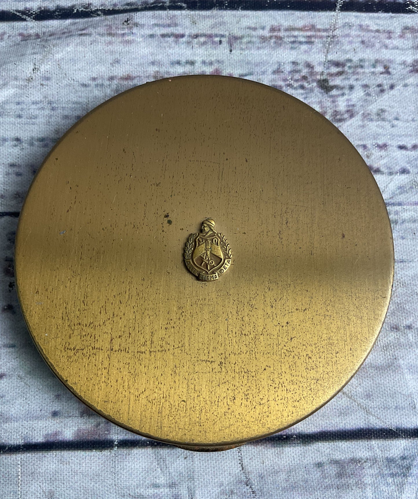 Alpha Sigma Theta Vintage Sorority Brass Powder Compact Gold Tone