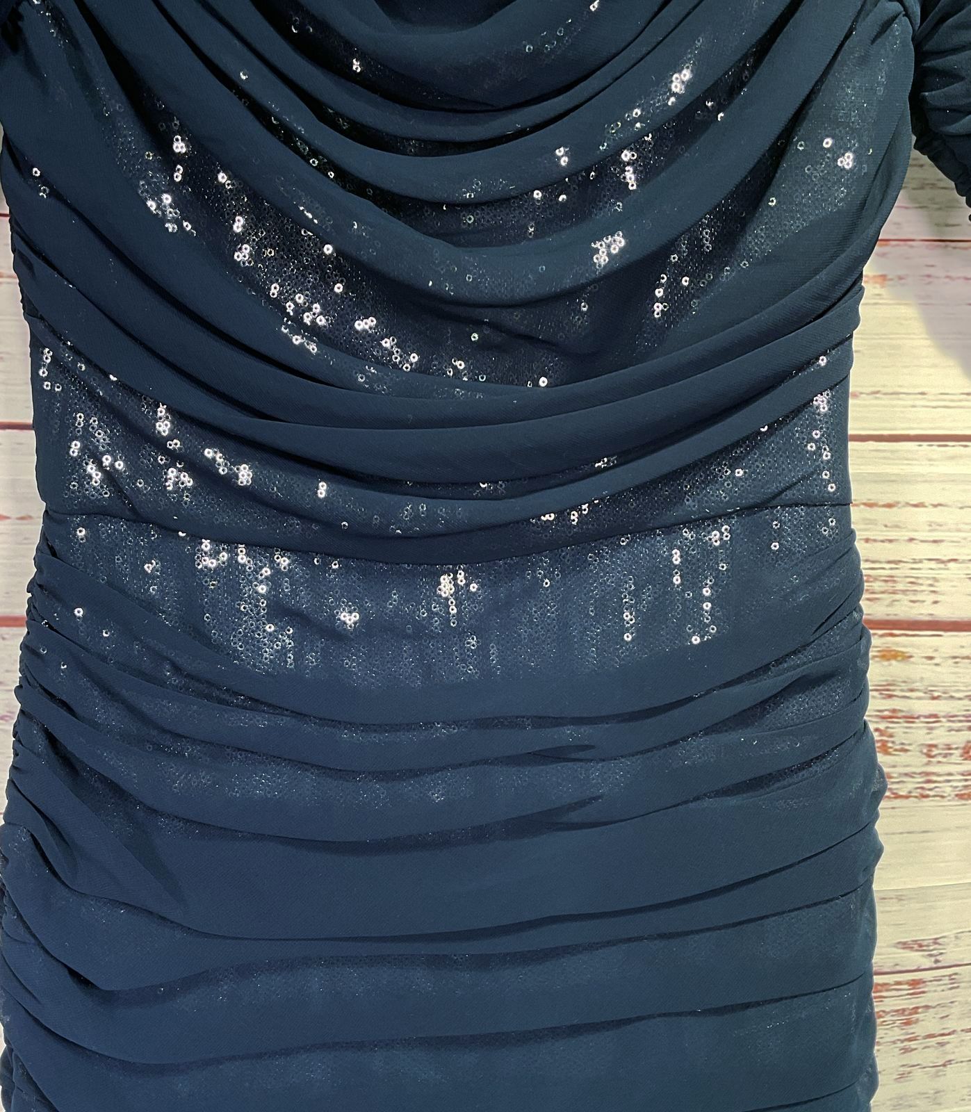 Tadashi Shoji Ruched Cowl Sequin Sheath Dress Navy 4