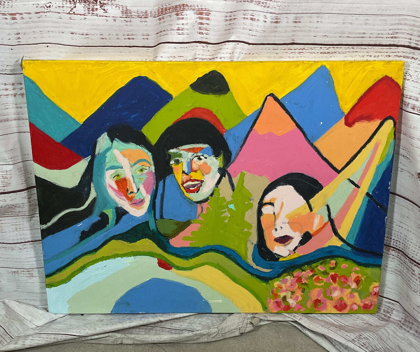 Three Women Against a Mountain Painting Signed by Emily J. Snyder