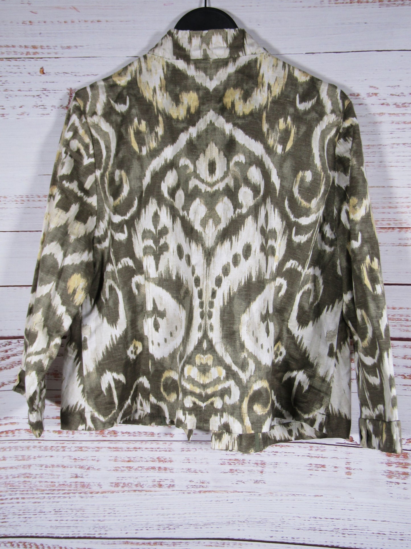 Chico's Ikat Women's Green Linen Blend Open Jacket Size 1