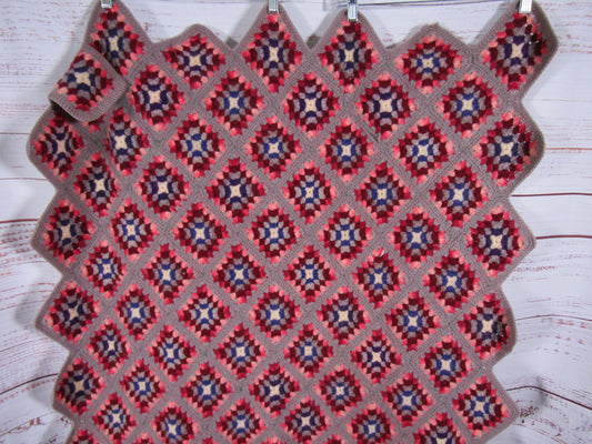 Vintage Hand Knit Crochet Wool Blend Multi-Color Geometric Throw Blanket