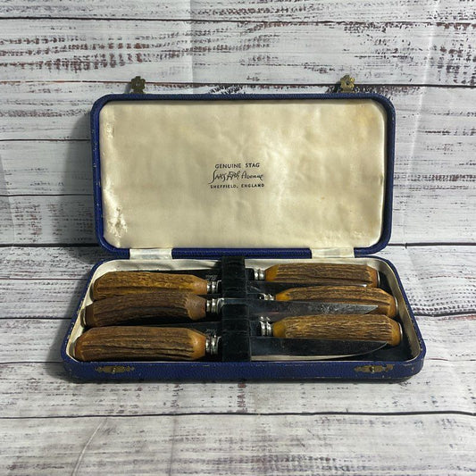 6 VTG Saks Fifth Genuine Stag Handle Sheffield Stainless Steel Steak Knives+Case
