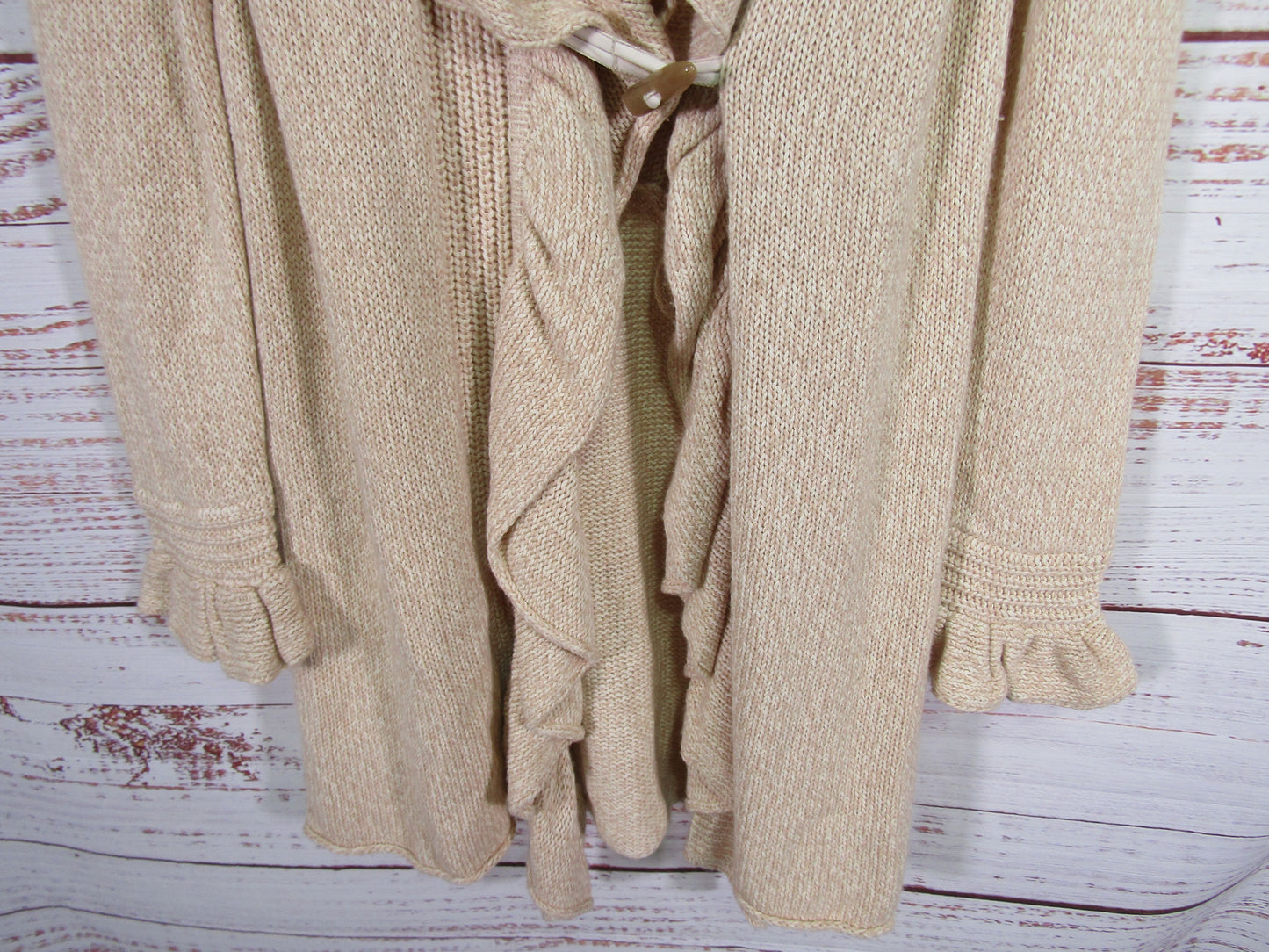 Magashoni Women's Beige Knit Ruffle Silk Cashmere Blend Cardigan Sweater Size XL