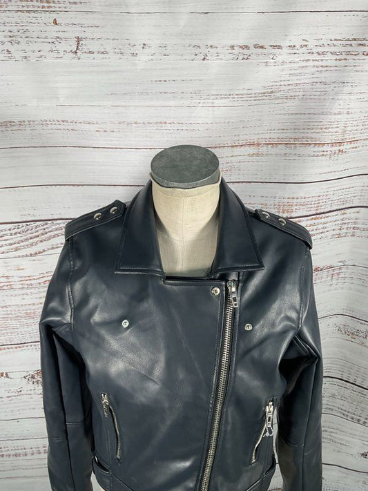 Women's Blank NYC Metallic Blue Biker Jacket Polyester - Size L