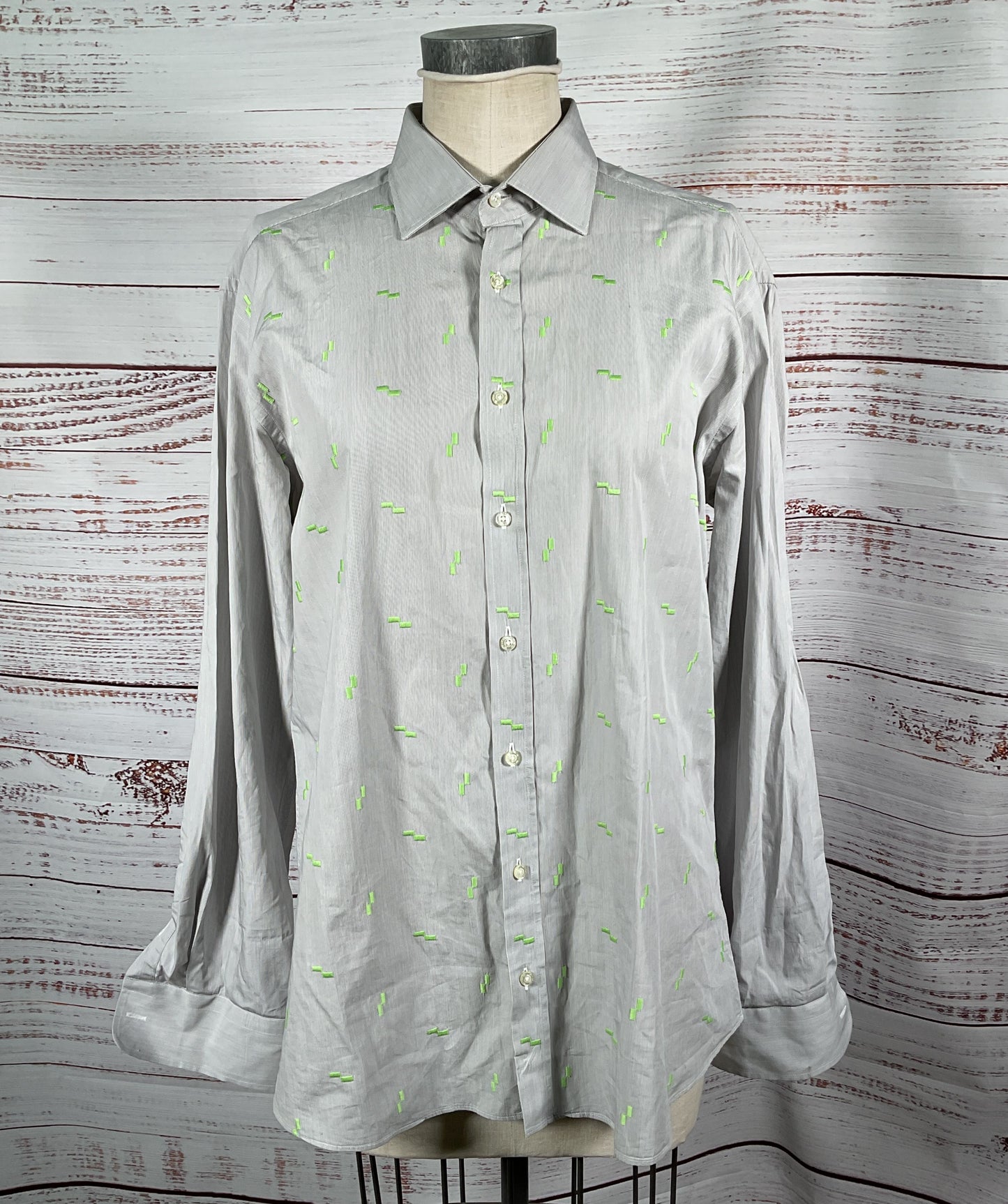 Etro Men's Long Sleeve Button Down Embroidered Shirt Gray 43