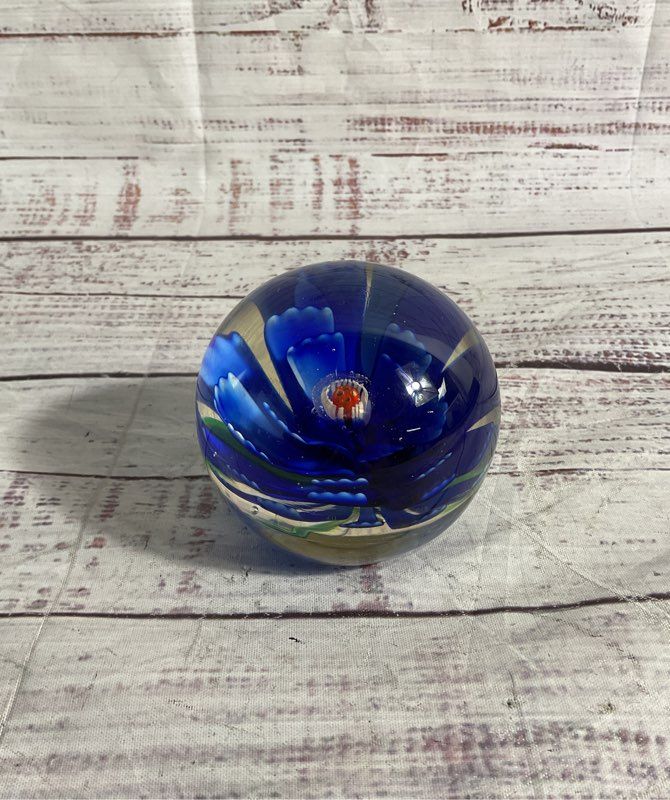 Vintage Blue Blossom Flower Paperweight Green Bottom Floral Glass