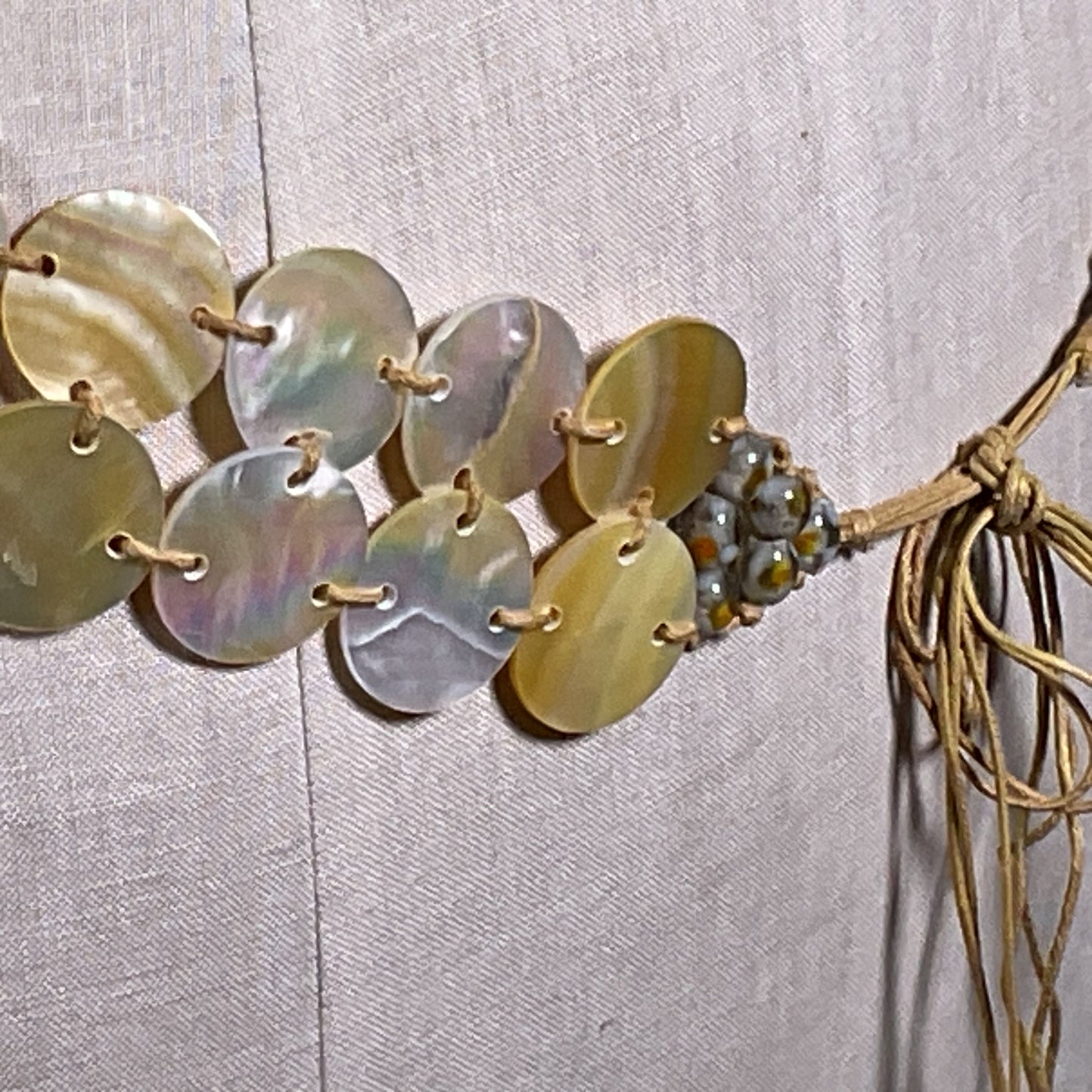 VTG. Mother of Pearl Shell Disc Adjustable Boho Braided Cord Belt- 60"