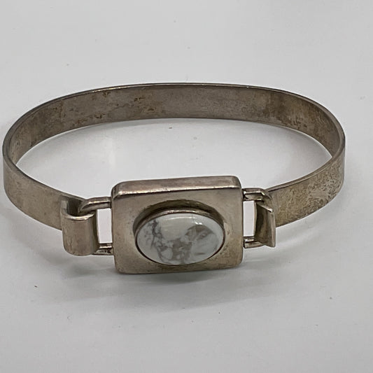 MEXICO Modernist Sterling Silver & Oval Howlite 6.75" Bangle Bracelet- 24.74g