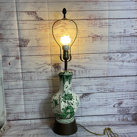 ANTIQUE DELFT???? Hand Painted Green Floral Porcelain and Brass Lamps- 28"