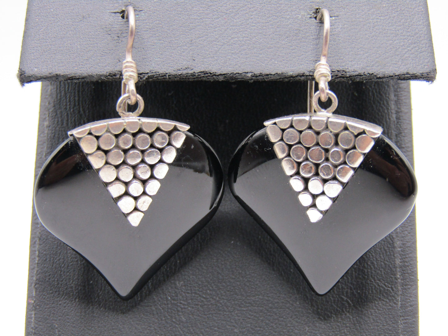 Vintage Sterling Silver Dot Heart Onyx Drop Dangle Earrings