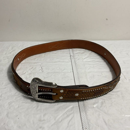 Nocona Brown Ostrich Print Basketweave Studded Leather Western Cowboy Belt SZ 34