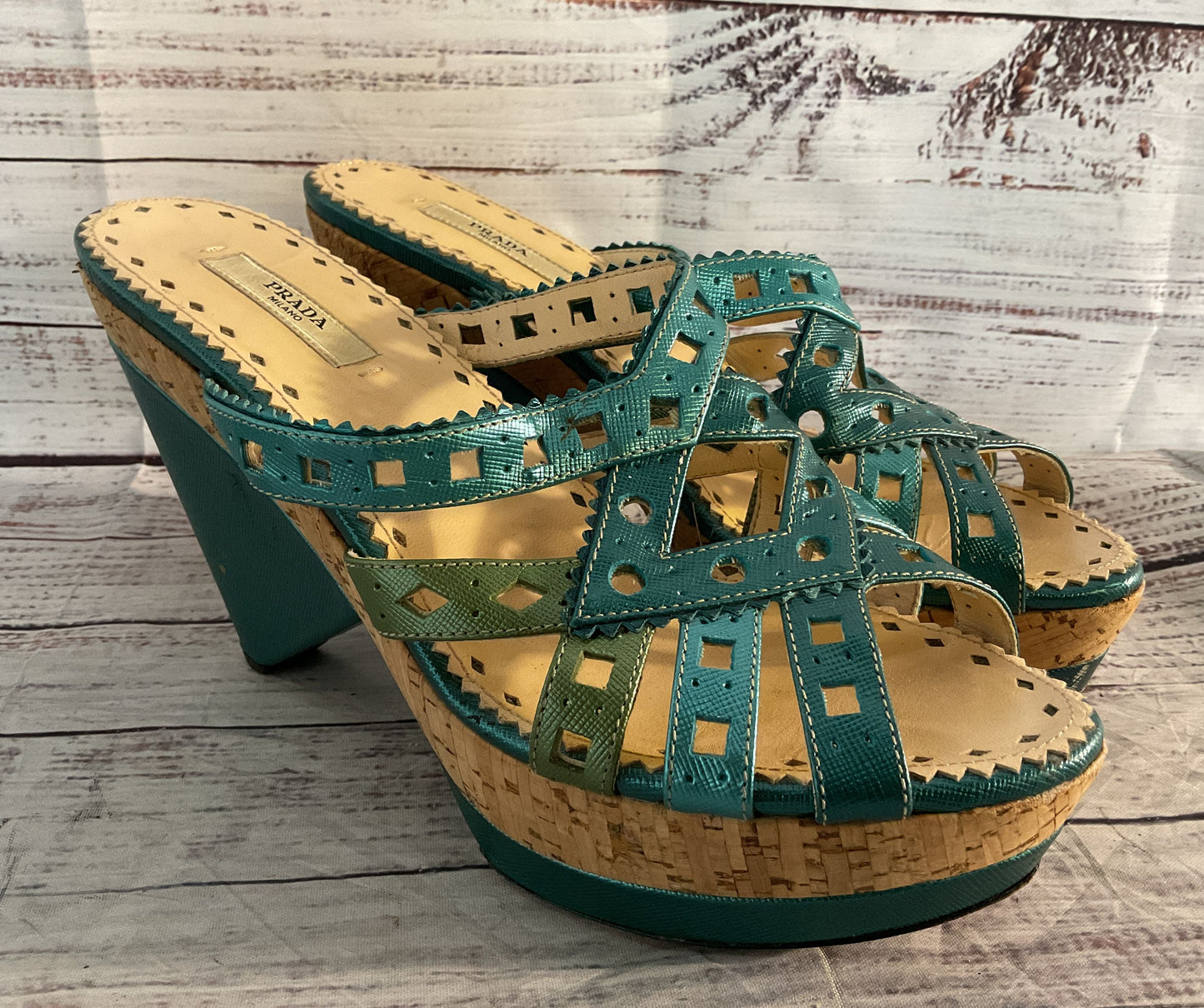 Prada Metallic Leather Strappy Heeled Sandals Blue Green