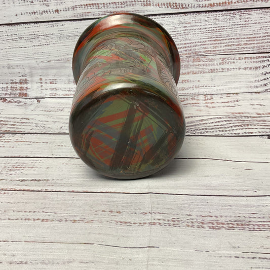 Red Green Black Hand Carved Bird Flower Clay Vase 5"x5"x6"