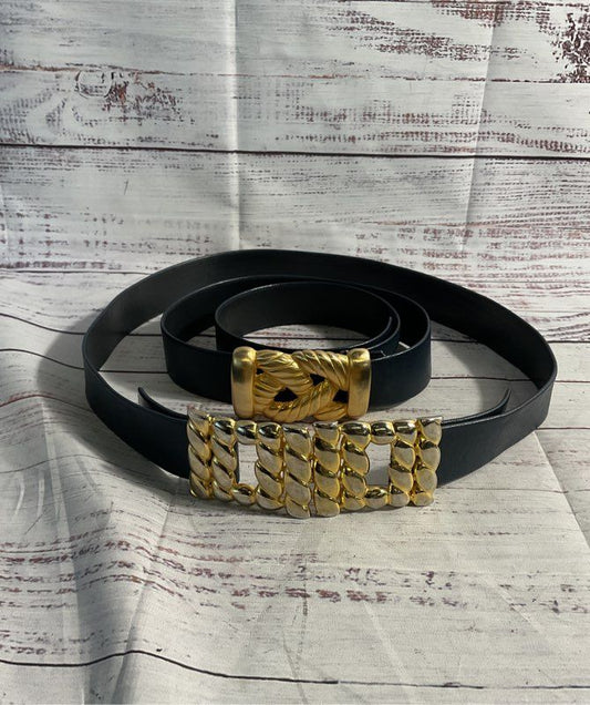 Vintage Lot of 2 Gay Boyer Women's Blue Leather Gold Buckles Belts