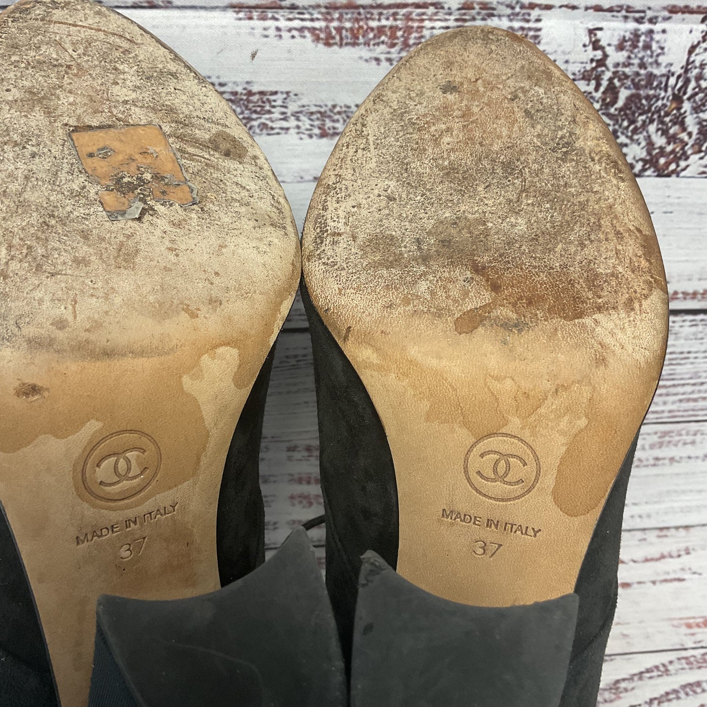 Chanel Black Suede Ankle Boot Heel Bootie Pearl Accent Women Size 6.5