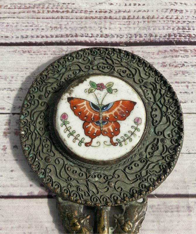 Chinese Jade Handle Mirror Hand Painted Porcelain Butterfly Vanity Export Box