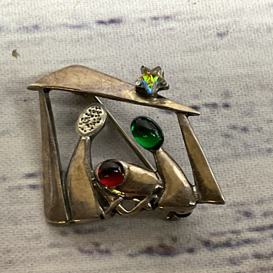 USA Sterling Silver & Rhinestone Nativity Brooch- 1.25" (MISSING STONE)