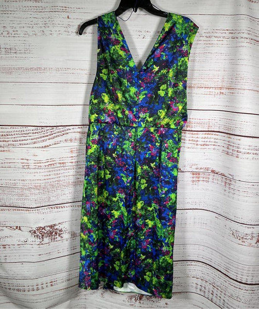 NWT Women's Adrianna Papell Green Print Satin Midi Dress Size 12 Retail $195
